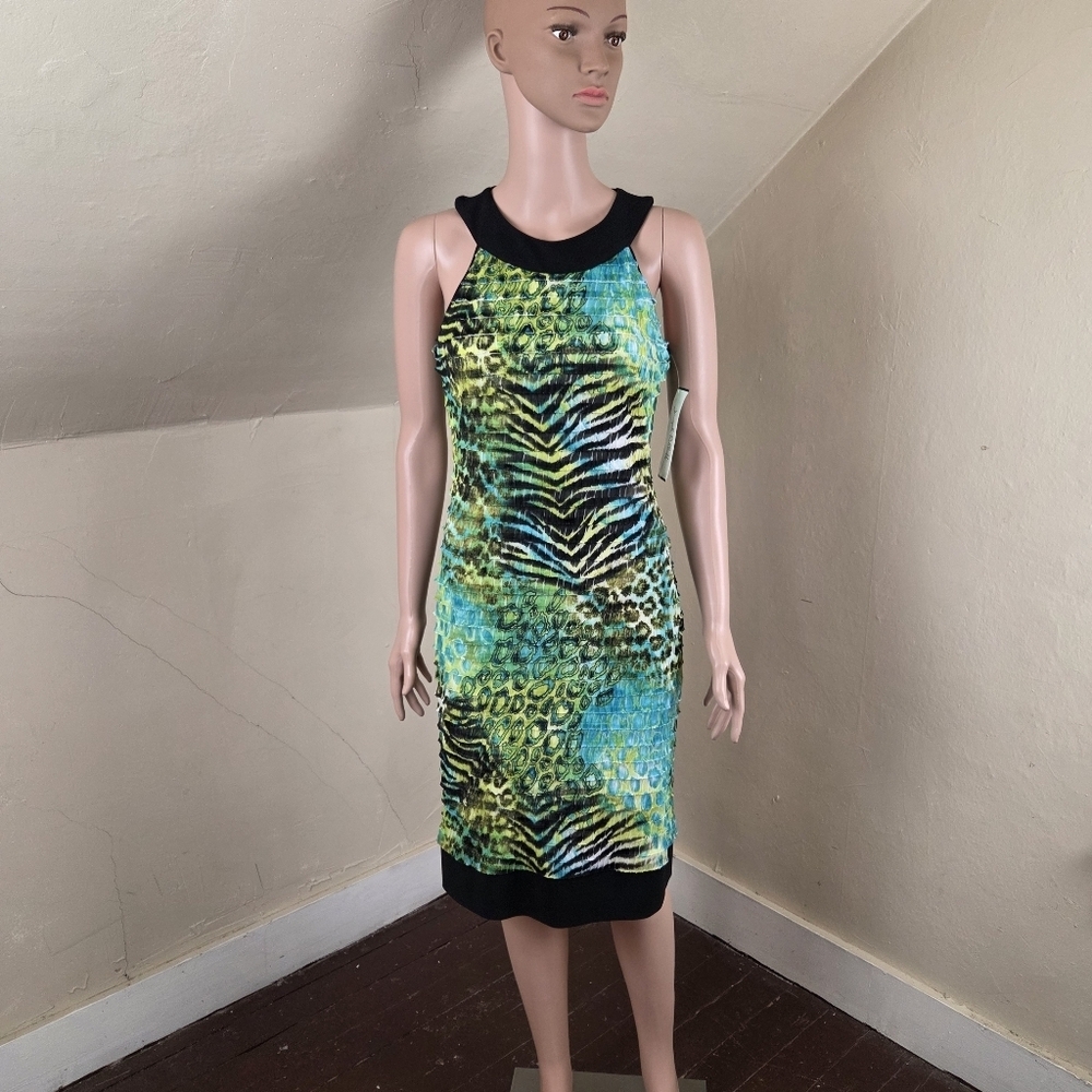 Joseph Ribkoff NWT Dress Size 6 Green Blue Animal Print Ruched‎ Sheath